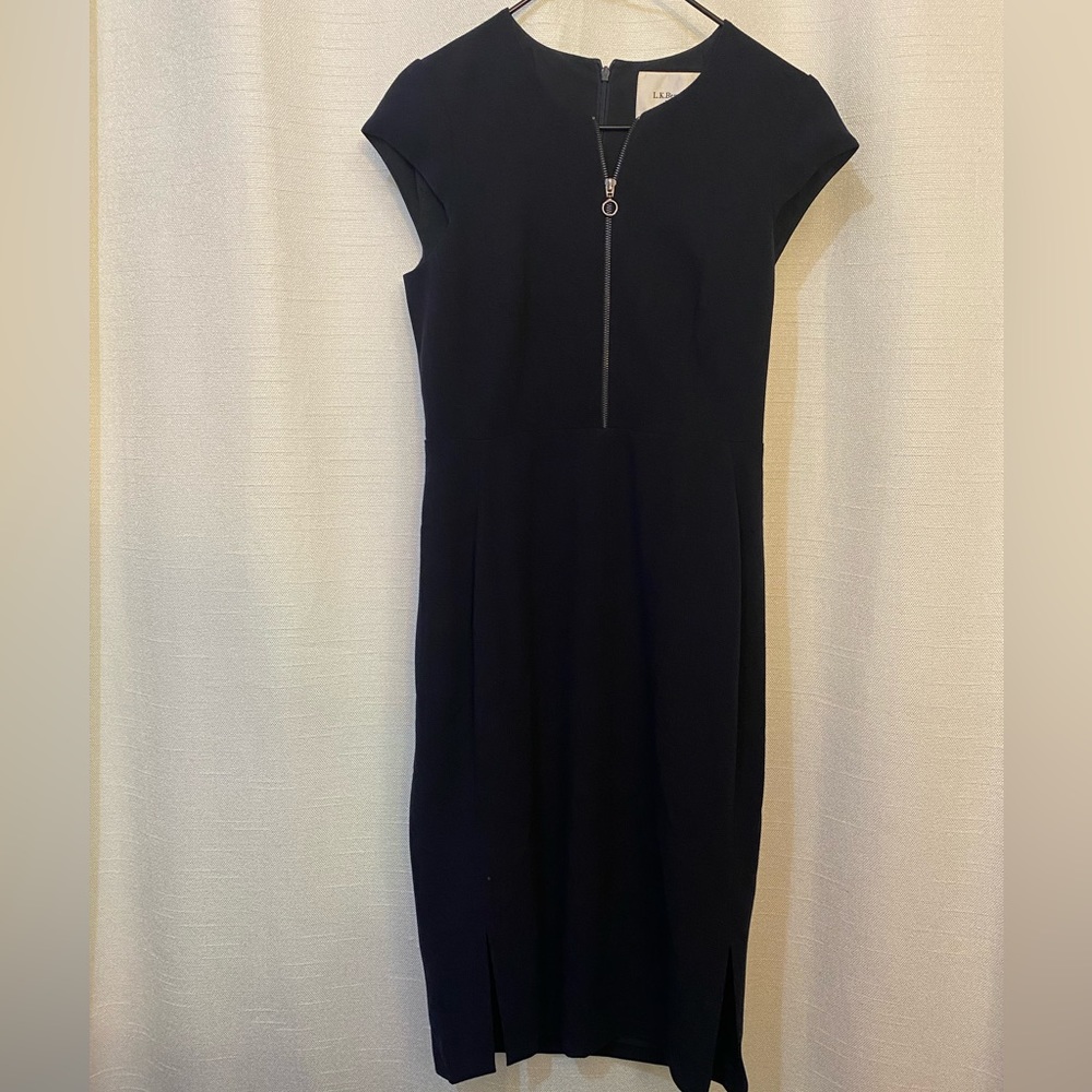 LK BENNETT SUZETTE SLOANE BLUE ZIP FRONT CAP SLEEVE PENCIL